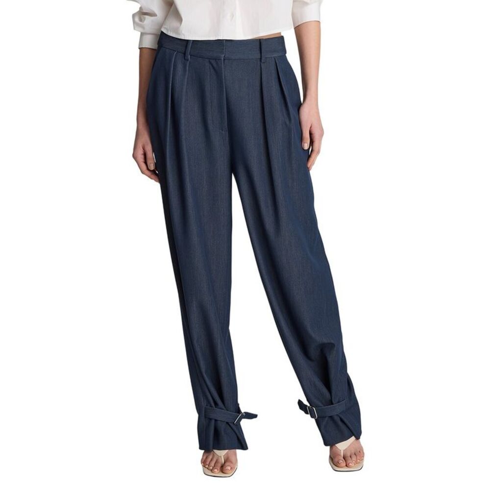 Kenneth Cole Womens High Rise Fly Front Belted Cuff Tab Pant, Black